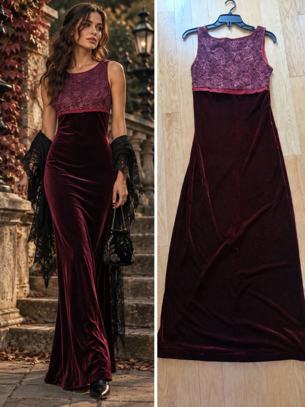 My Michelle Burgundy Lace Velvet Maxi Straight Dress Dark Academia Whimsigoth M
